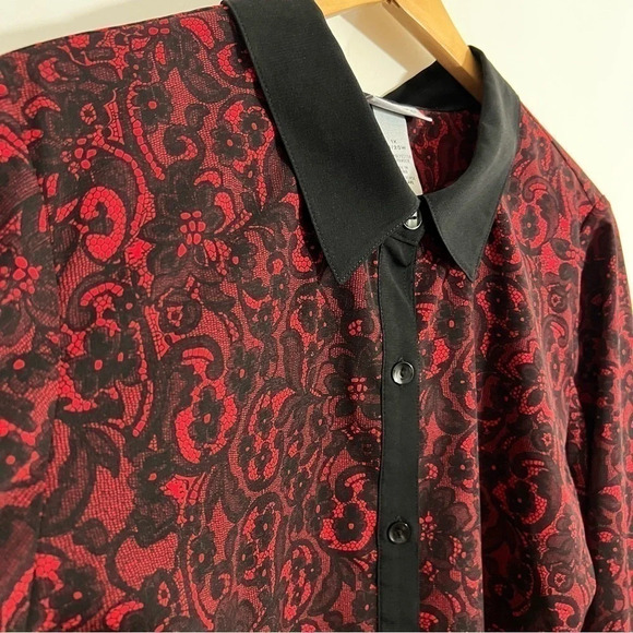 Catherines Floral Button Up Shirt 1X Black and Red Roll Tab Sleeves Lightweight - Picture 3 of 5